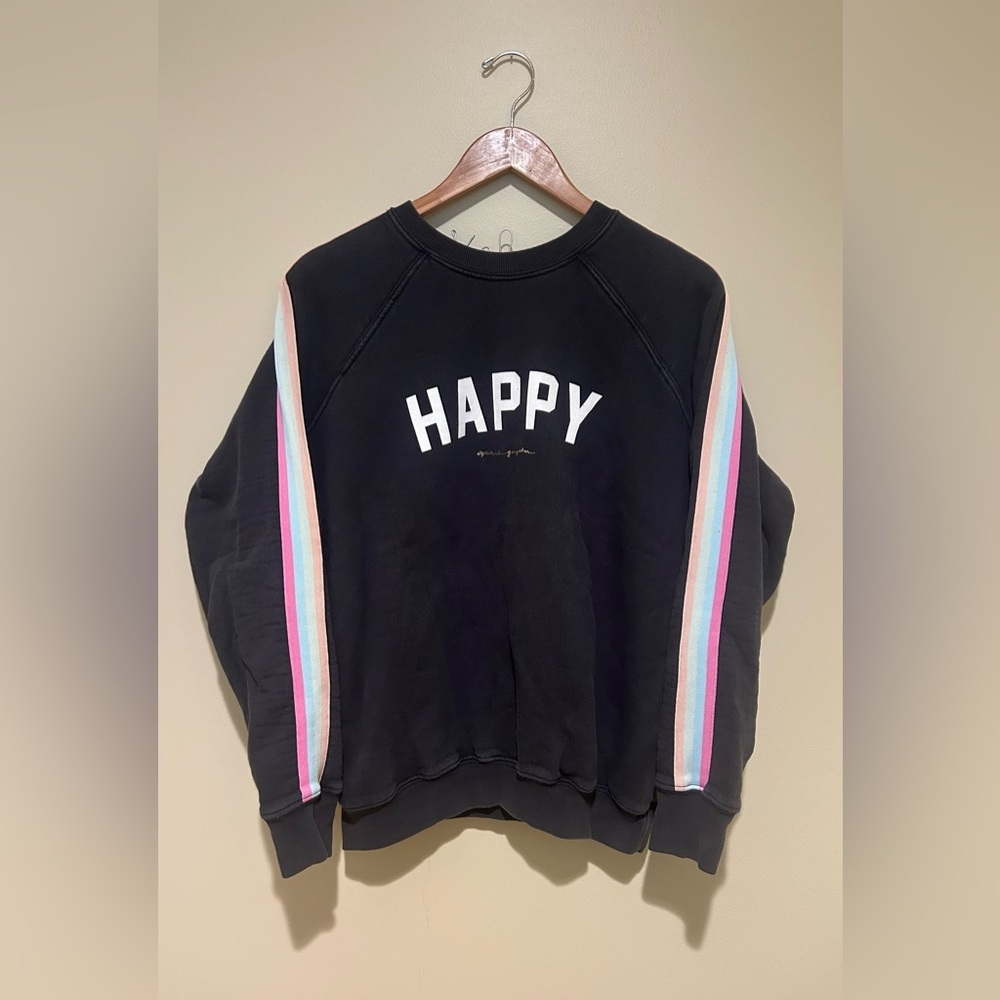 Spiritual Gangster Black 'Happy' Sweatshirt with Rainbow Stripes Size Large - Picture 2 of 4